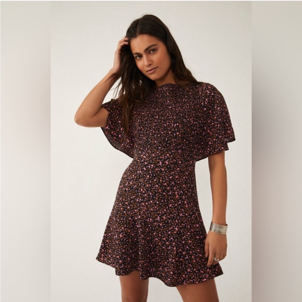 FREE PEOPLE Florence Mini Dress in Mini Floral Print Lattice Back Small‎